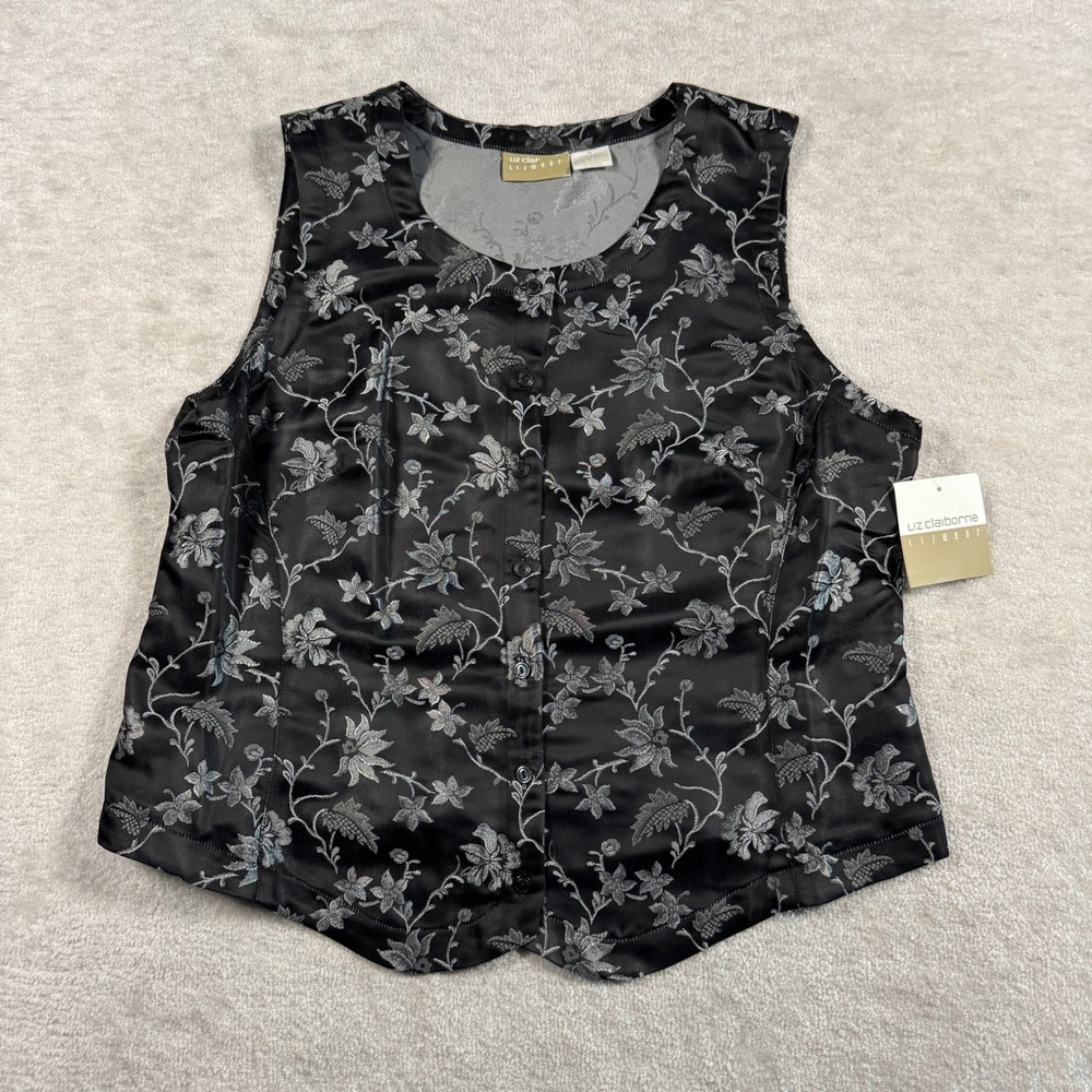 Liz Claiborne Vest Women 16 Black Silver Floral Jacquard Lizwear Button Front